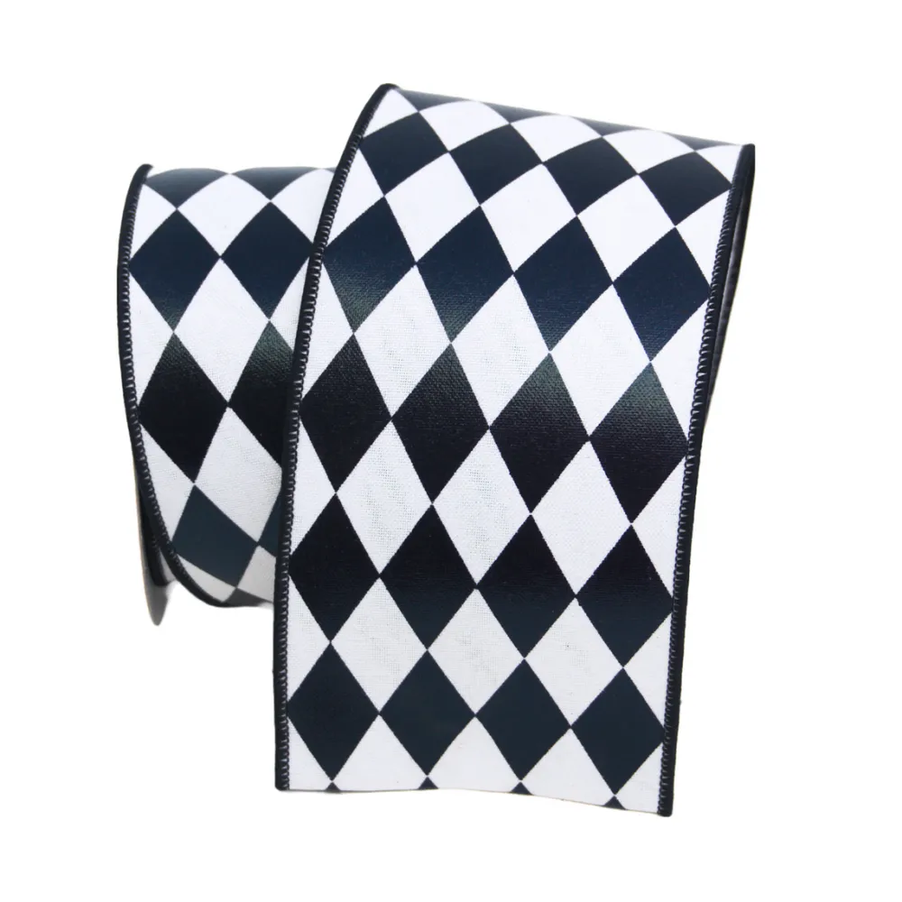 Farrisilk Black and White Foil Jester Diamond Ribbon, 4"X10YD