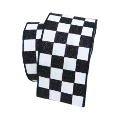 Farrisilk Black and White Glitter Check Ribbon, 4" X 10YD