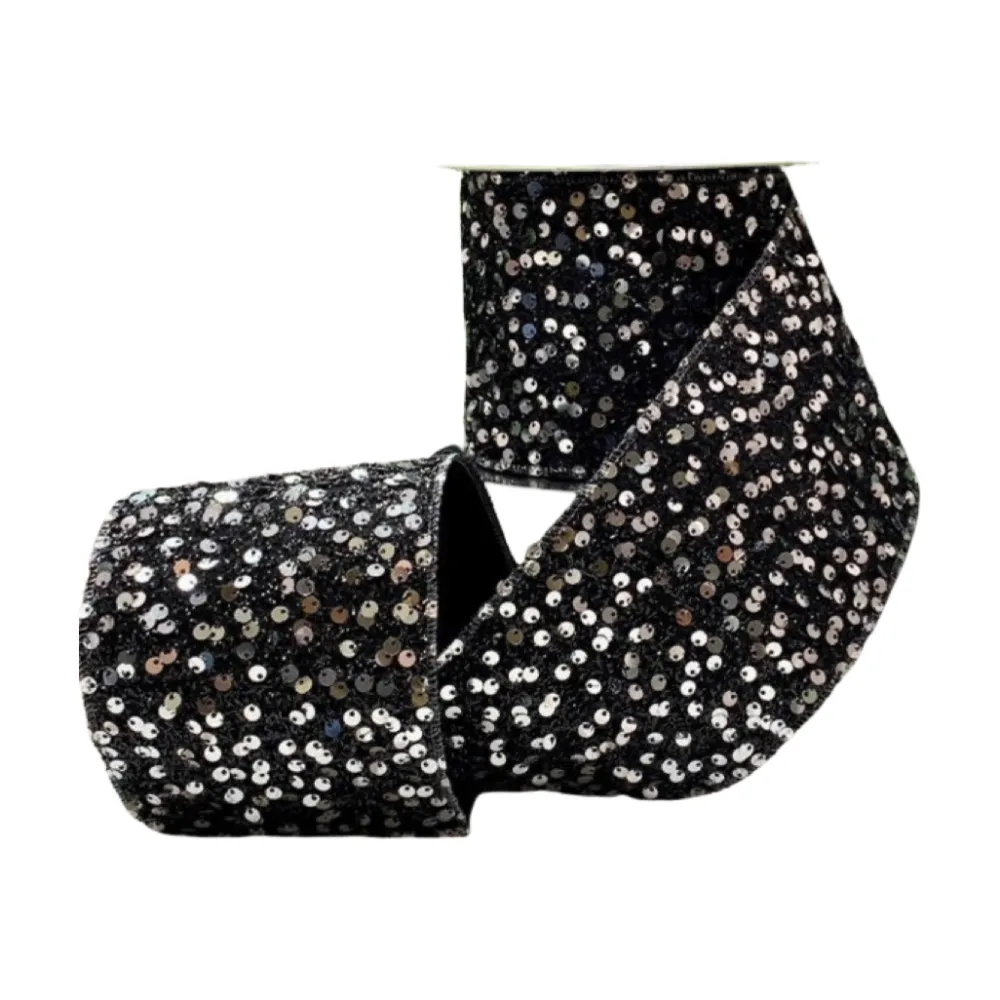 D. Stevens Black Sequin Tinsel Ribbon, 4" X 10YD