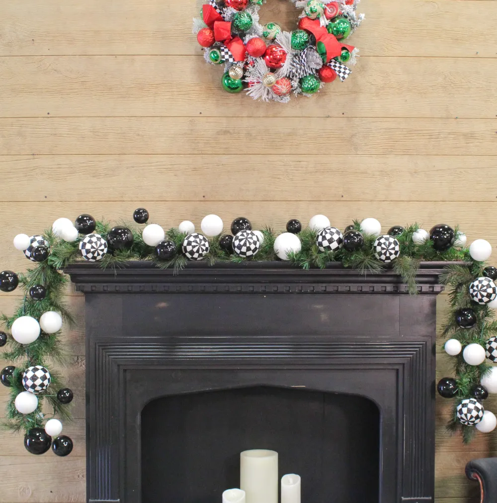 Farrisilk Black & White Check Ball Garland, 10'