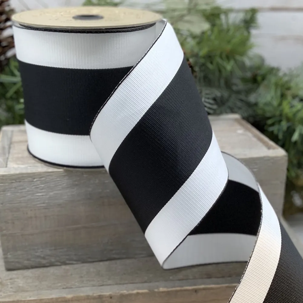D. Stevens Centered Black and White Striped Ribbon 4” x 25yds
