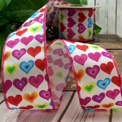 D. Stevens Colorful Hearts on White Ribbon with Pink Edge 2.5“ x 10yds