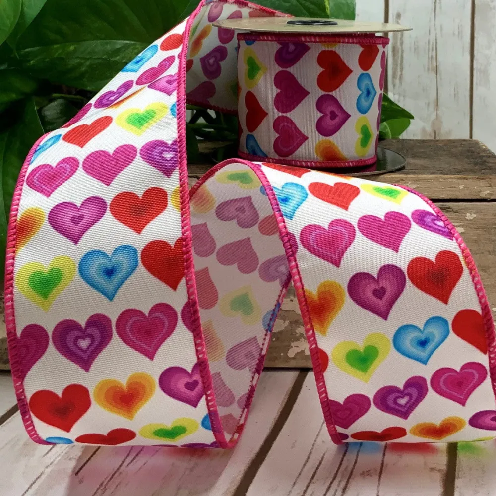 D. Stevens Colorful Hearts on White Ribbon with Pink Edge, 1.5“ x 10YD