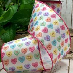 D. Stevens Conversation Hearts on White Ribbon with Pink Edge, 4“ x 10YD