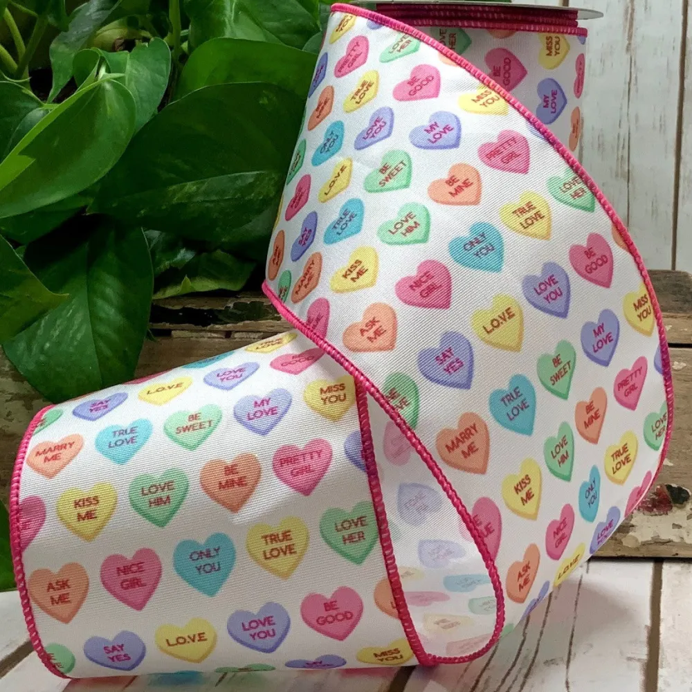 D. Stevens Conversation Hearts on White Ribbon with Pink Edge, 4“ x 10YD