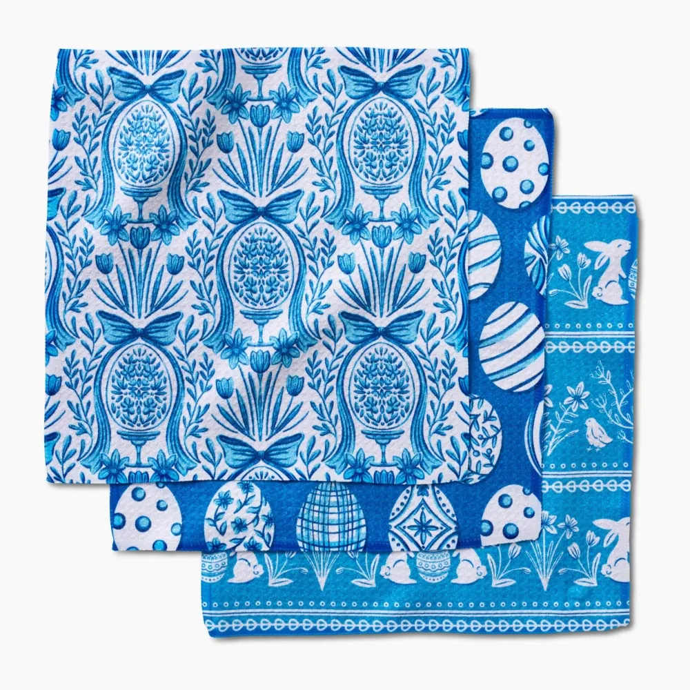 Geometry Delft Blue Easter Eggs and Bunnies Dishcloth Set