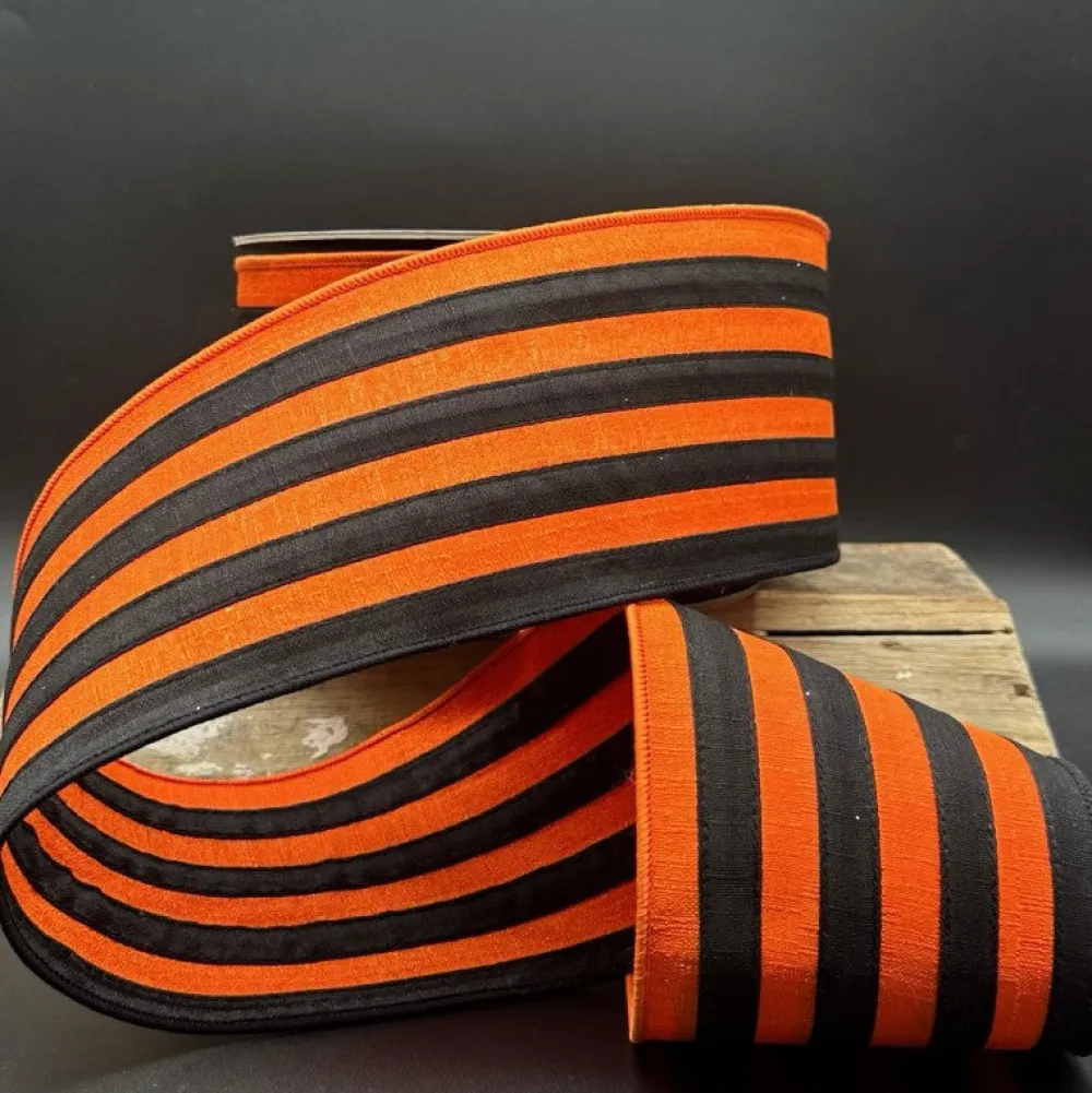 D. Stevens Dupioni Black and Orange Stripe Ribbon, 4" X 10YD