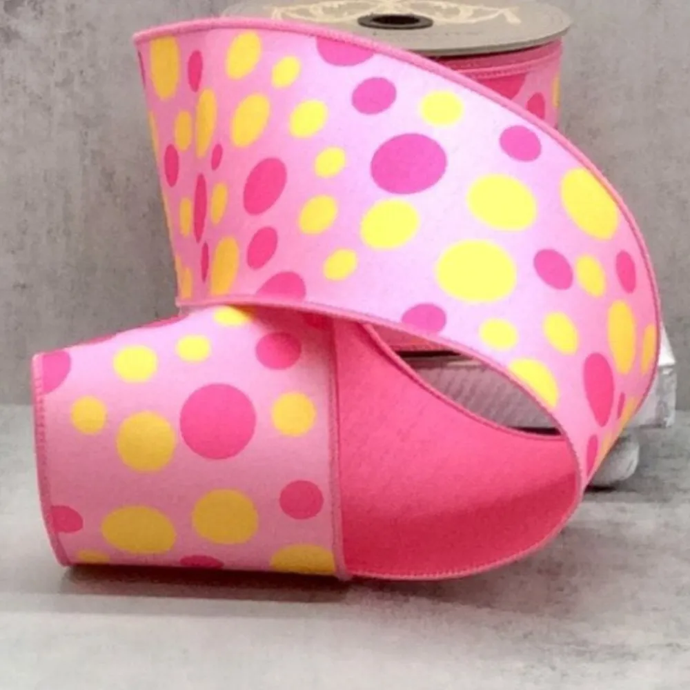 D. Stevens Dupion Pink and Yellow Polka Dots Ribbon, 4" x 10YD