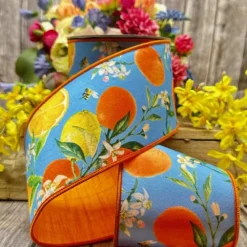 D. Stevens Dupion Watercolor Citrus and Blossoms Ribbon, 4“X 10YD