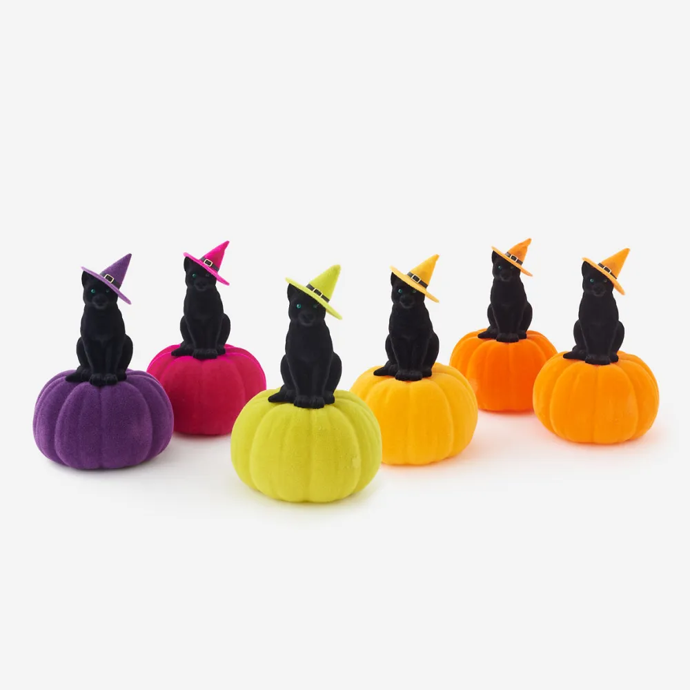 180 Degrees Flocked Cat on Pumpkin with Hat