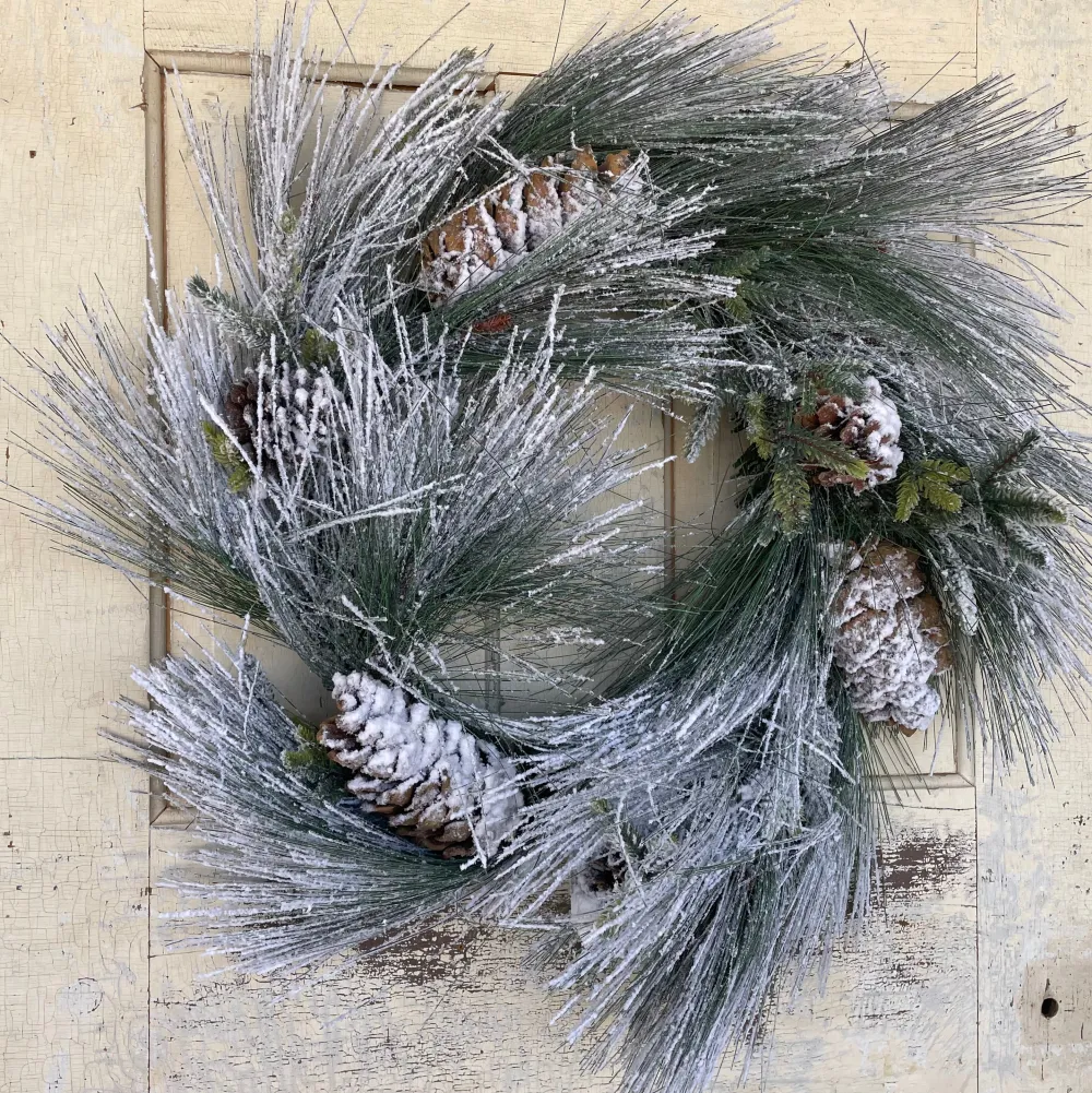 Liberty Floral Flocked Long Needle Pine Wreath, 24"