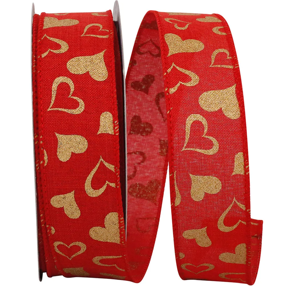Reliant Ribbon Gold Heart on Red Linen Ribbon, 1.5" x 25YD