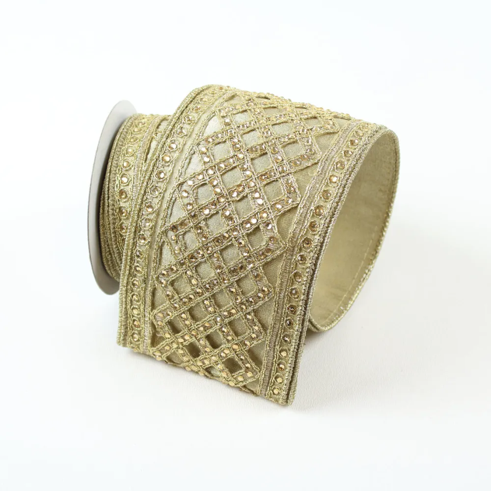 Farrisilk Gold Jewel Lattice Ribbon, 4" X 5YD