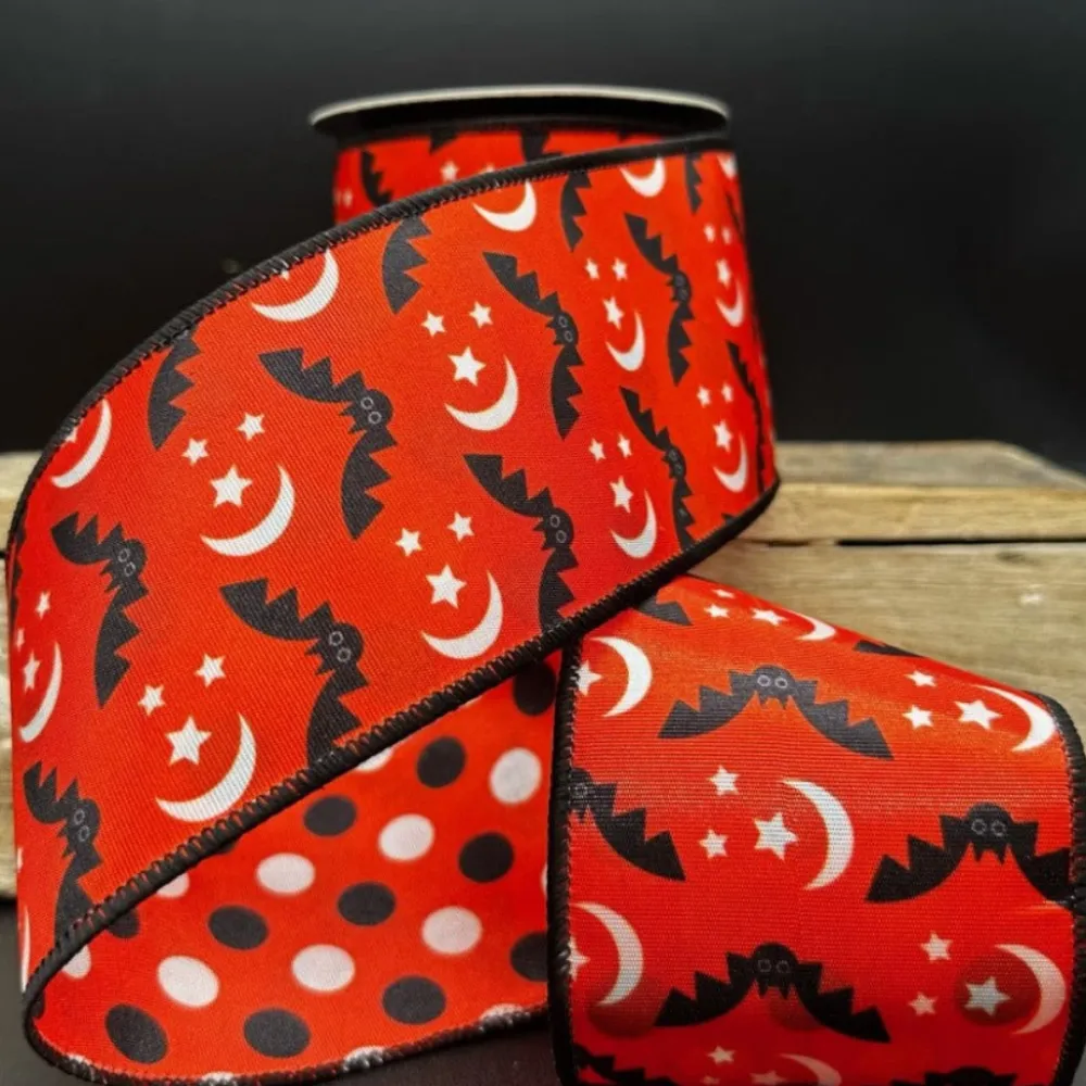 D. Stevens Halloween Bats and Moon Polka Dot Orange Ribbon, 3" X 10YD
