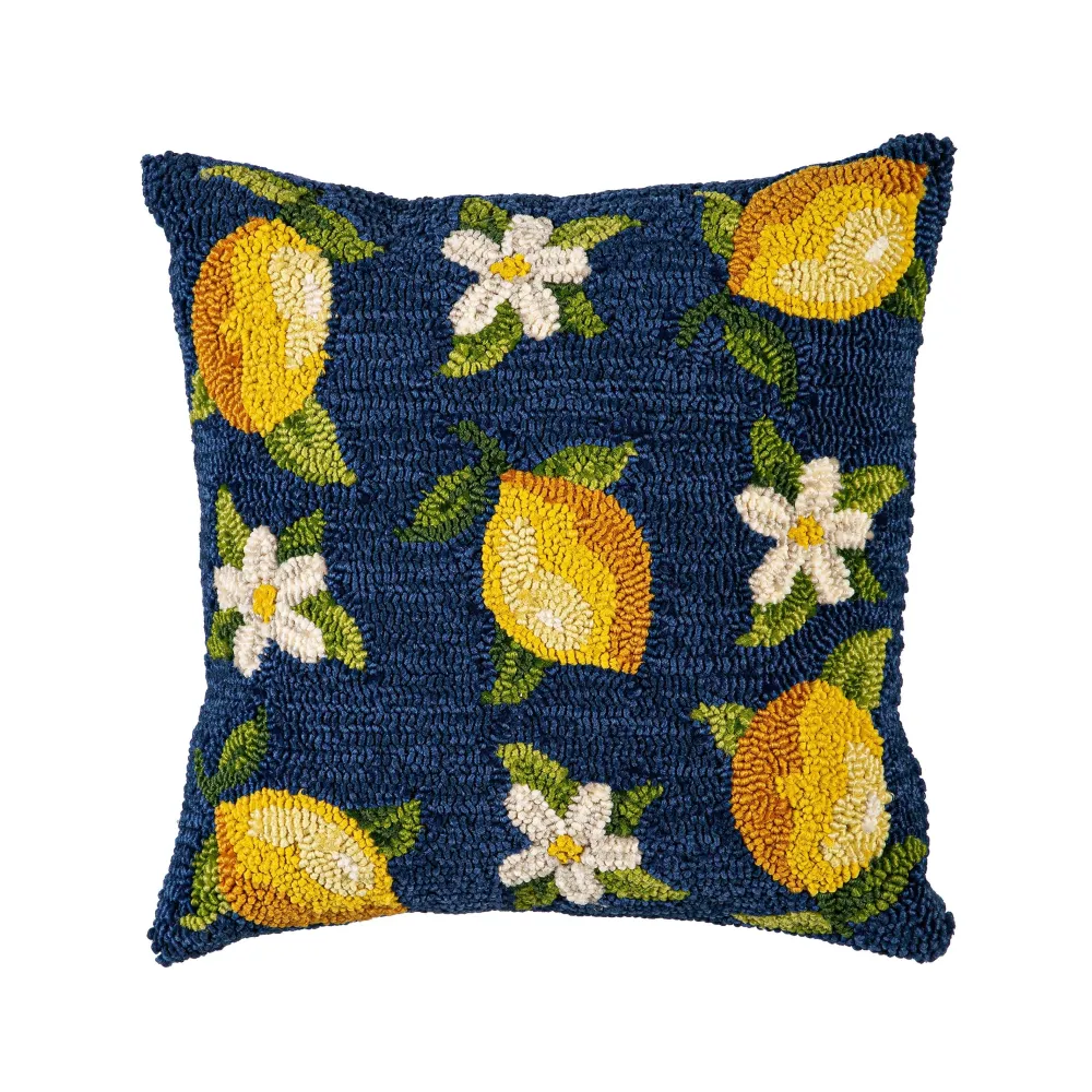 Evergreen Hooked Lemon Blossoms Throw Pillow