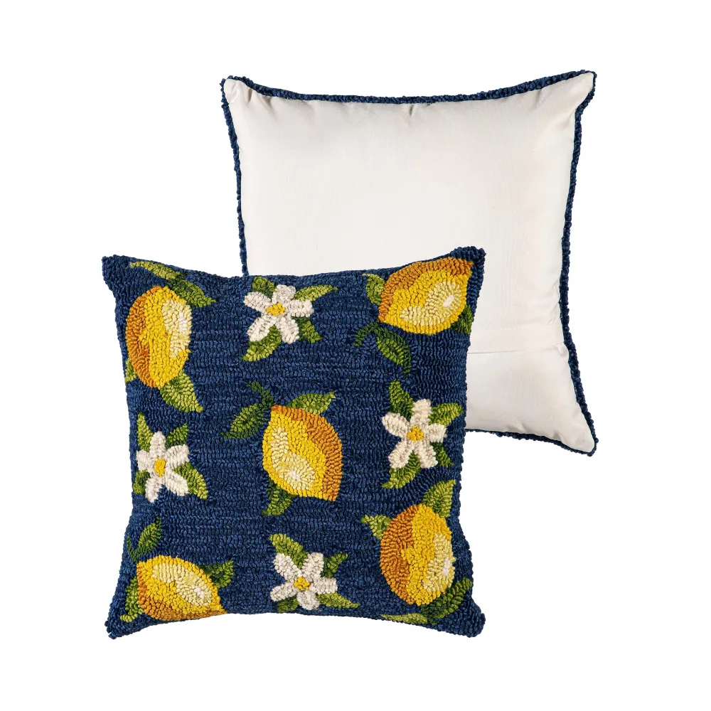 Evergreen Hooked Lemon Blossoms Throw Pillow