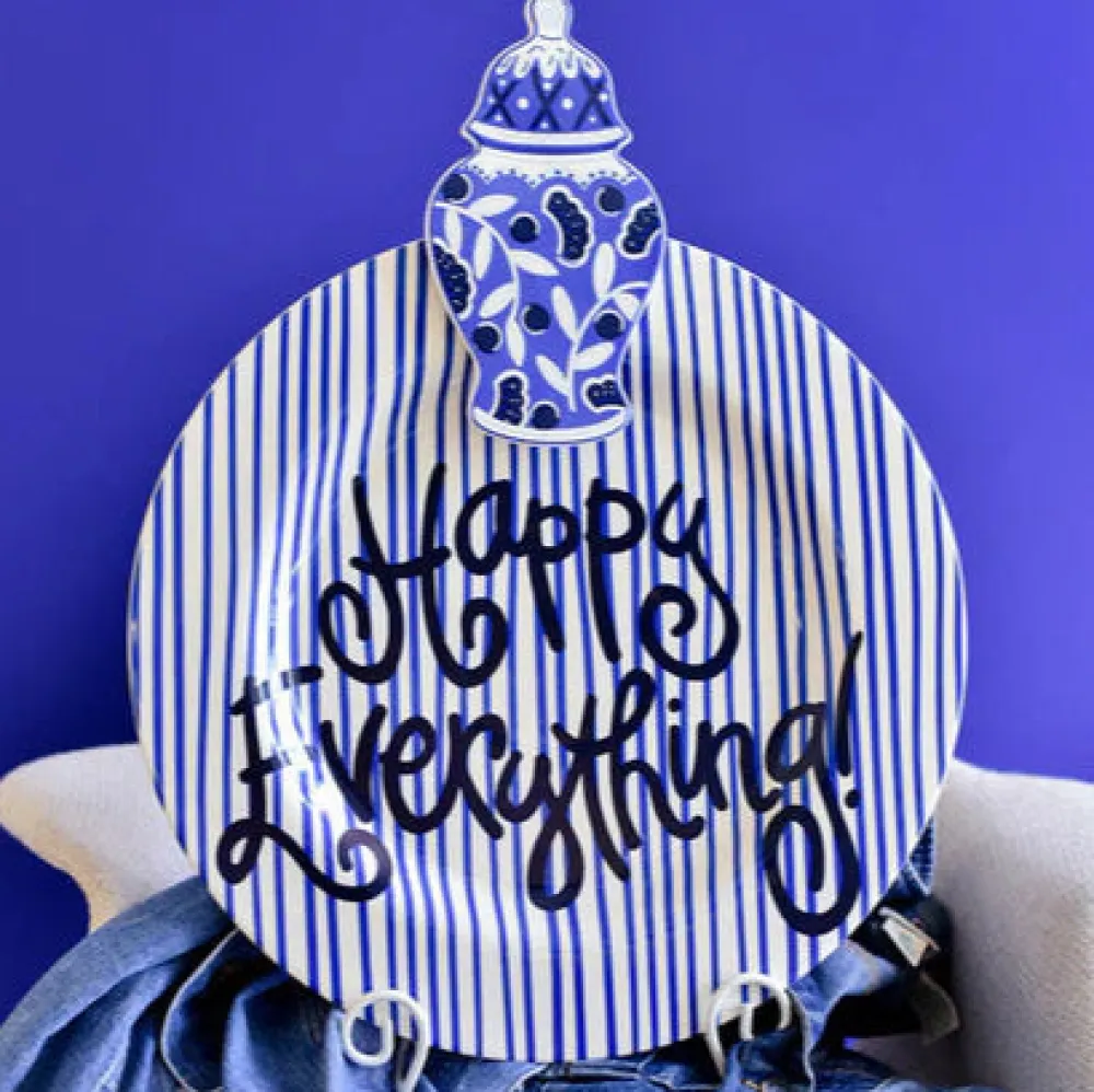 Happy Everything Indigo Skinny Stripe Big Round Platter by !