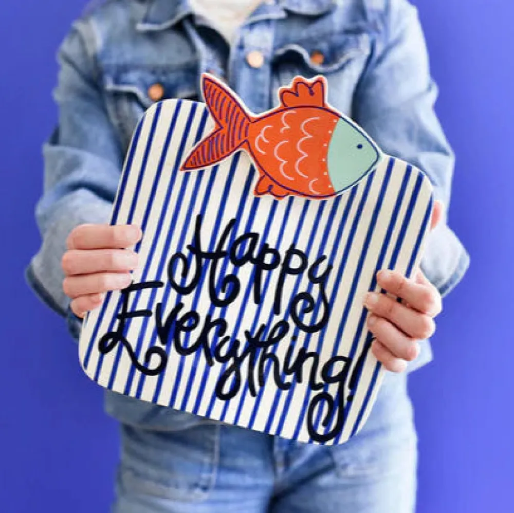 Happy Everything Indigo Skinny Stripe Mini Square Entertaining Platter by !
