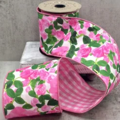 D. Stevens Linen Pink Roses with Pink Check Ribbon, 4" x 10YD