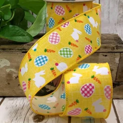 D. Stevens Multi Plaid Eggs and Bunnies on Yellow Ribbon, 2.5“ X 10YD