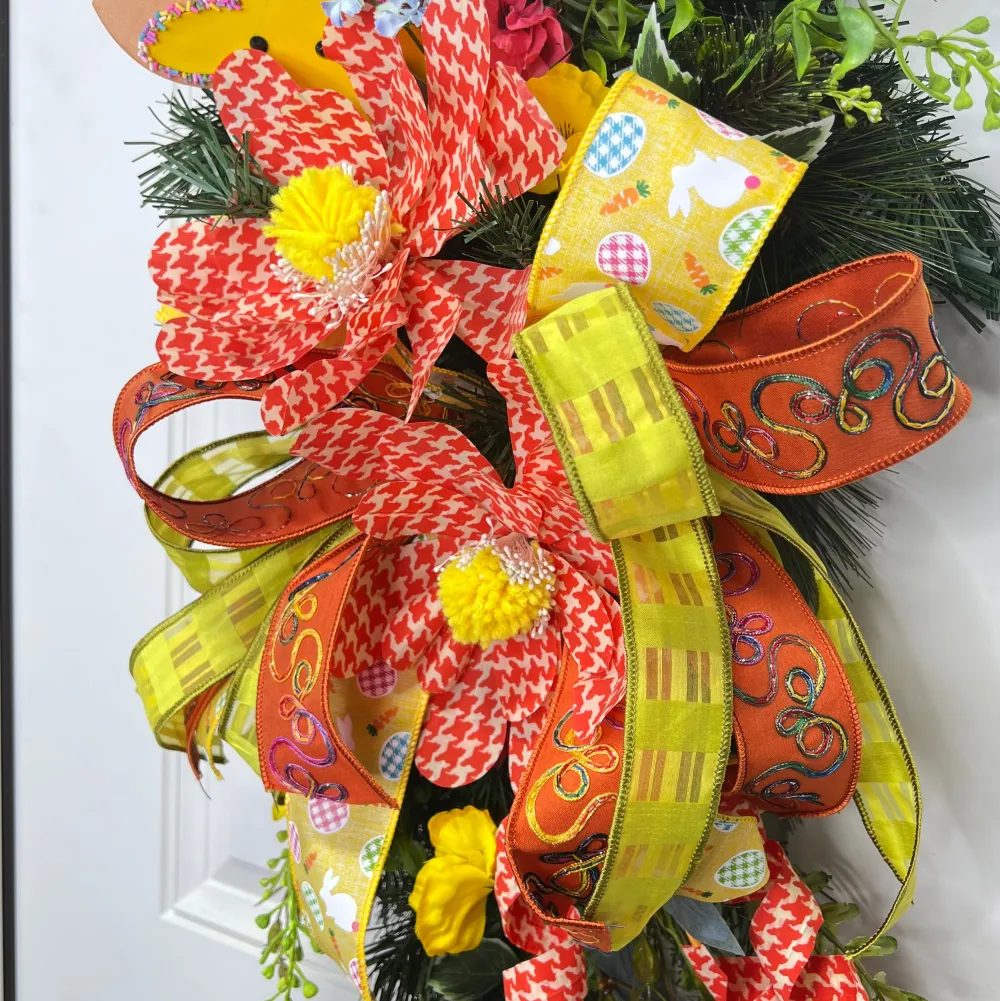 D. Stevens Multi Plaid Eggs and Bunnies on Yellow Ribbon, 2.5“ X 10YD