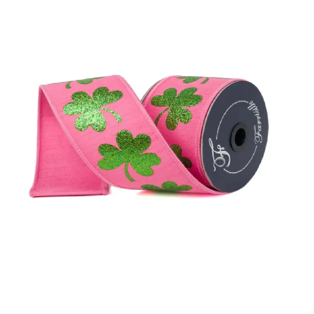 Farrisilk Pink Sparkling Shamrocks Ribbon, 2.5" X 10YD