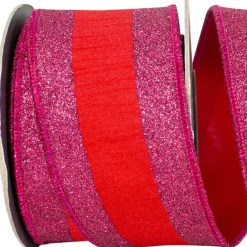 Reliant Ribbon Red and Fuchsia Striped Dupioni Ribbon, 2.5" X 5YD