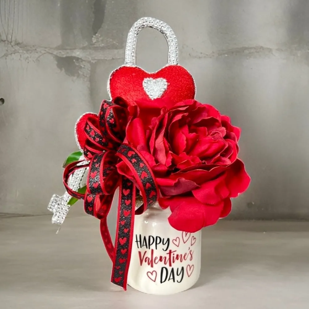 Liberty Floral Red Bling Heart Lock & Key Spray