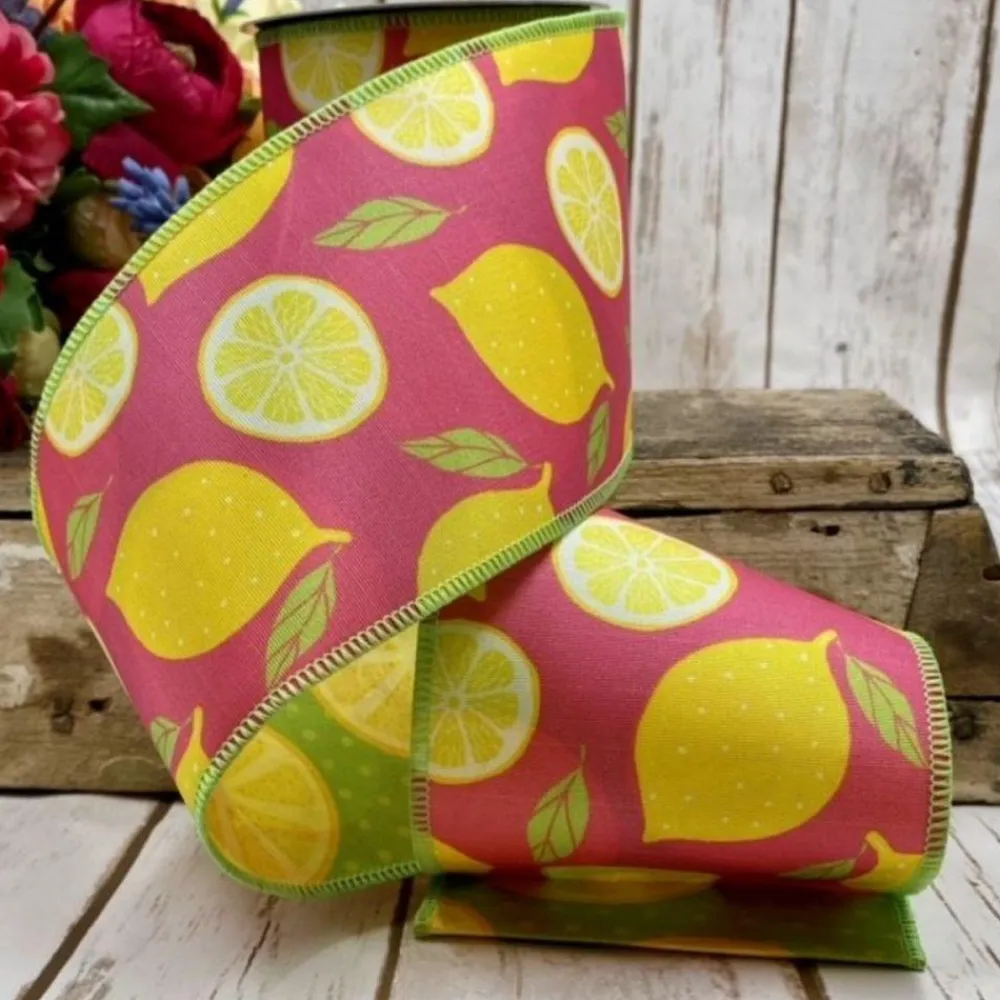 D. Stevens Sliced Lemons Pink Ribbon, 4" X 10YD
