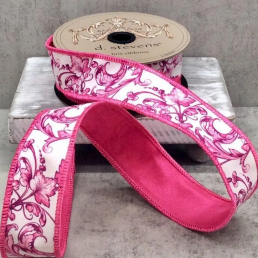 D. Stevens Taffeta Acanthus Pink Scroll Chinoiserie Ribbon, 1.5" x 10YD