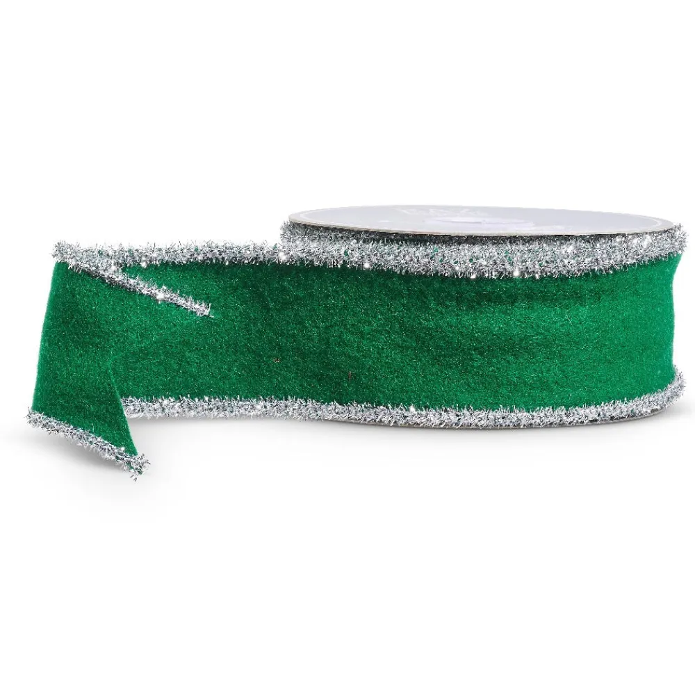 RAZ Tinsel Trim Green Felt Ribbon, 2.5" X 10YD