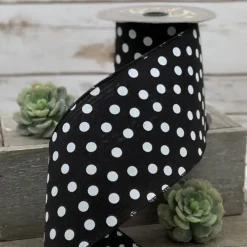 D. Stevens White Polka Dot on Black Linen Ribbon, 4" X 10YD