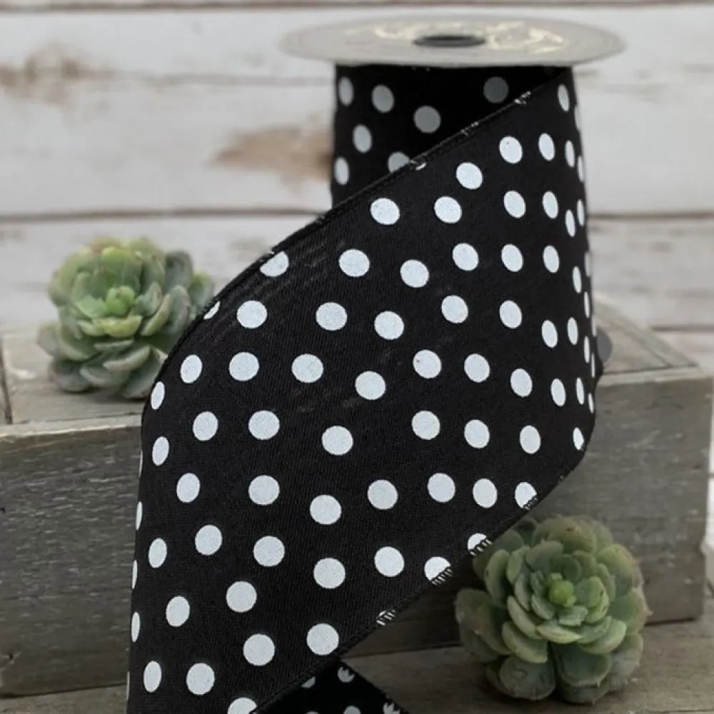 D. Stevens White Polka Dot on Black Linen Ribbon, 4" X 10YD